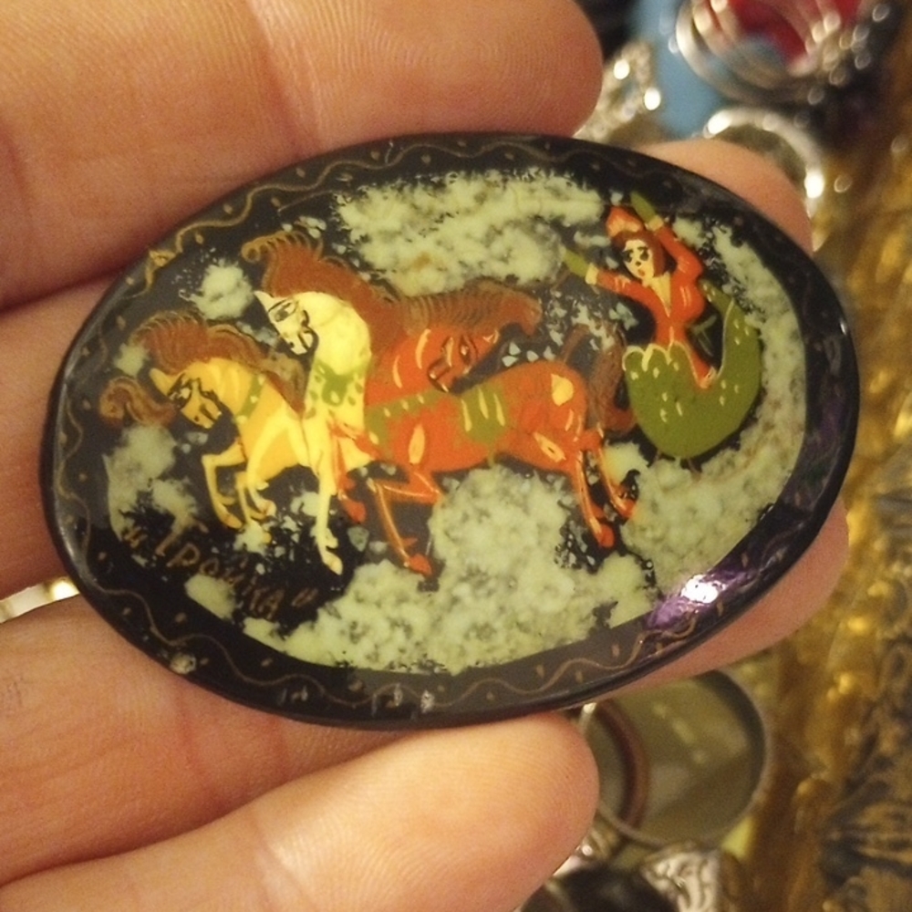 Vintage Hand-Painted Brooch with Horses, Signed, EUC